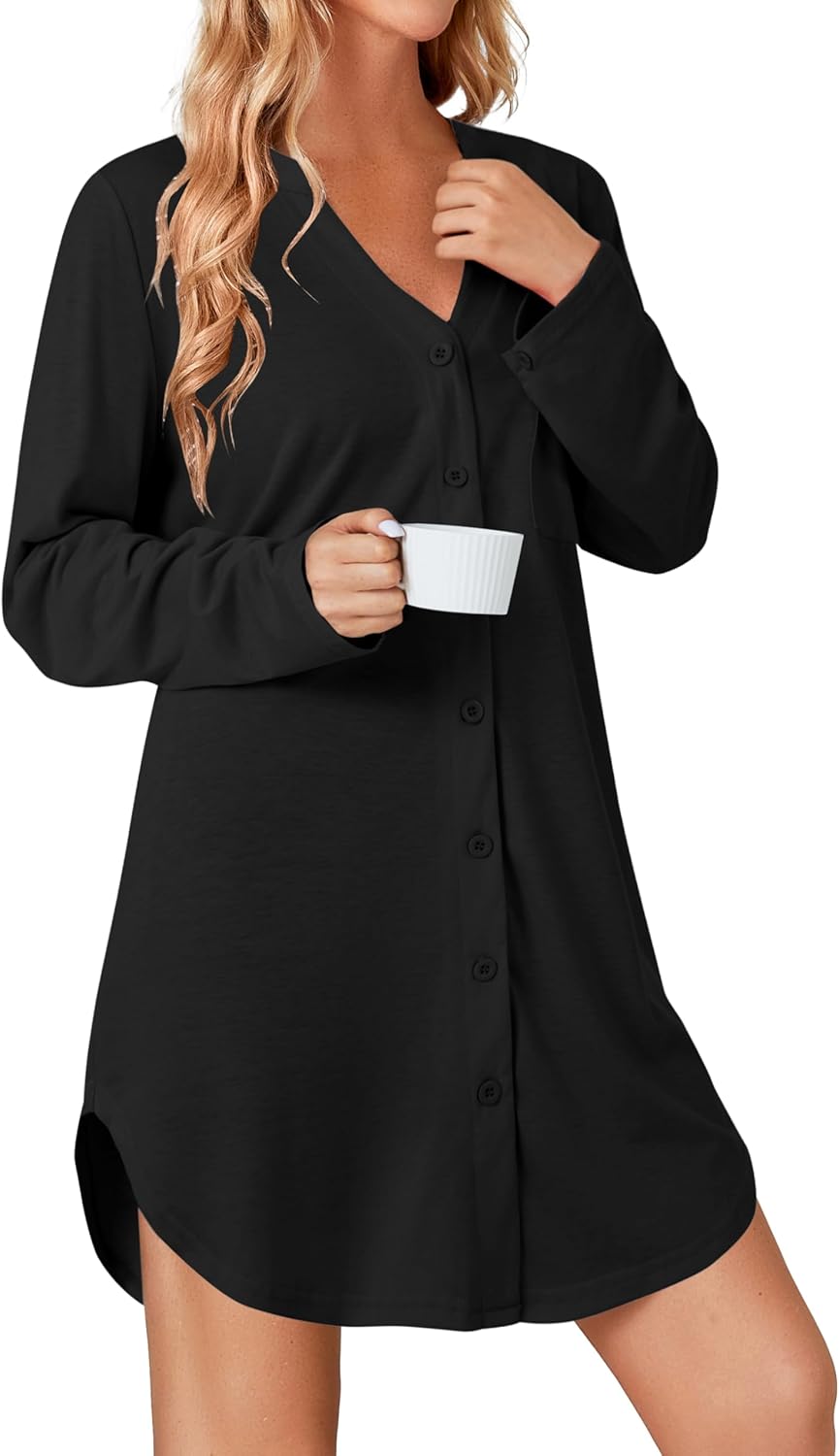 Vrtige Women's Striped Nightshirt Button Down Long Sleeve Nightdress Nightgown with Pocket - Image 3