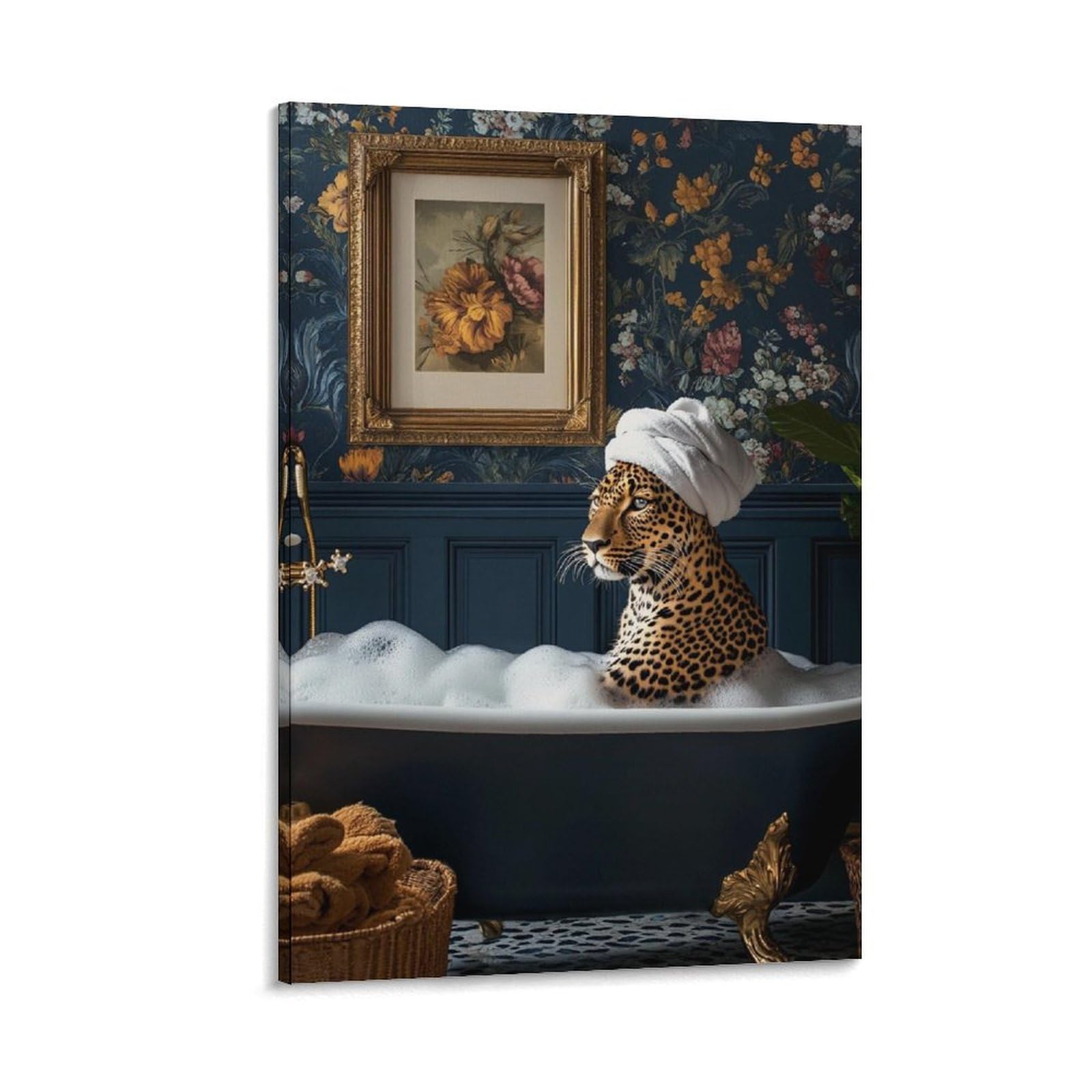 Maximalist Leopard Taking A Bubble Bath Art Poster Bold Fun Animal Poster Vintage Traditional Leopard With Towel Poster Ploral Flowers Eclectic Poster Canvas Poster Bedroom Decor Landscape Office Room