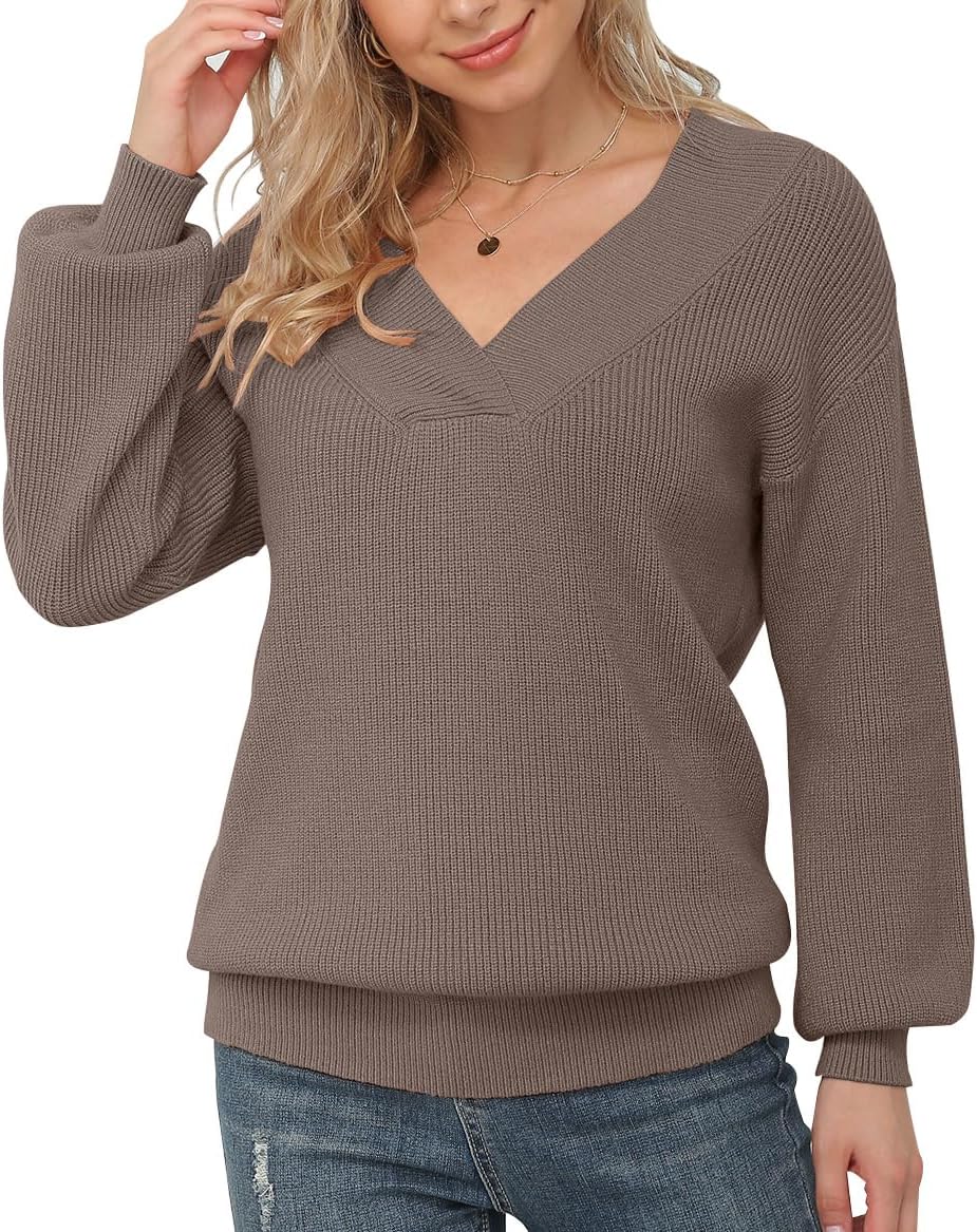 Feiersi Women's Off Shoulder Sweater Long Sleeve Loose Tops V-Neck Pullover Knit Jumper
