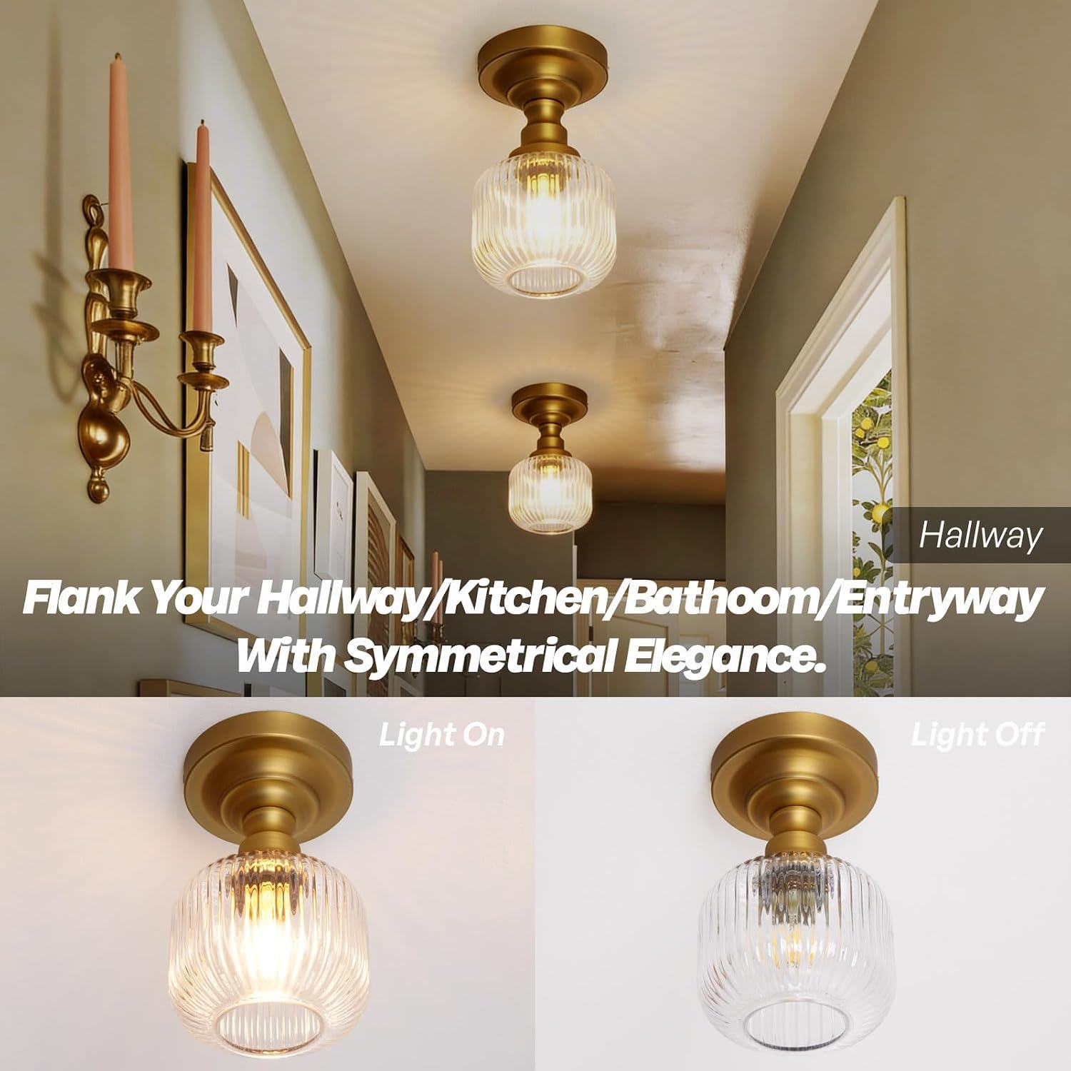 Modern Schoolhouse Semi Flush Mount Ceiling Light with Clear Ribbed Glass Lampshade, Industrial Close to Ceiling Light Fixture for Farmhouse Bedroom Entryway Stairs