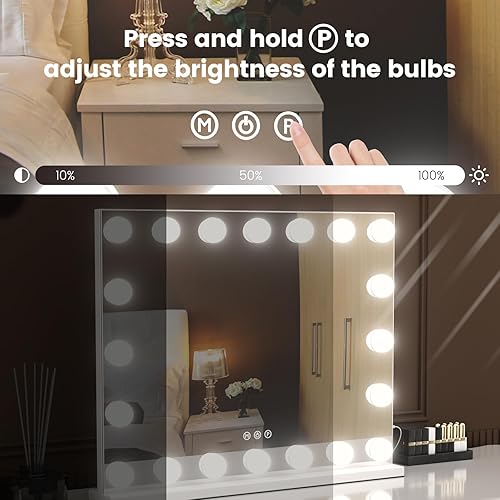 Miniatura 7 de AJJSSA Espejo de tocador con luces, 22.8 x 18.2 pulgadas, gran espejo de maquillaje iluminado Hollywood con 10 aumentos y 20 bombillas LED
