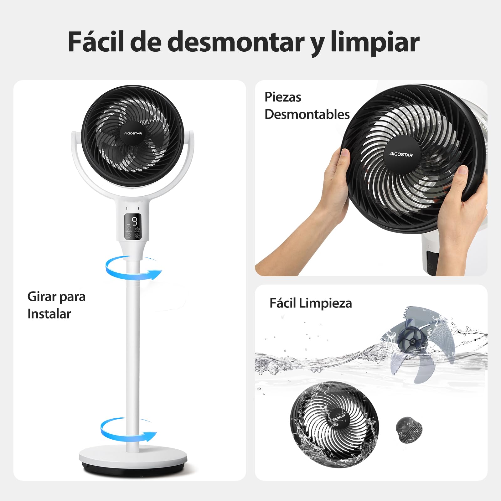 Aigostar Ventilador de Pie Silencioso 23dB con Mando, Motor DC, 24W Circulador Ventiladores Bajo Consumo, Oscilación 135°+85°, 9 Velocidades y Temporizador 9 H, Función de aromaterapia, Blanco Airflow
