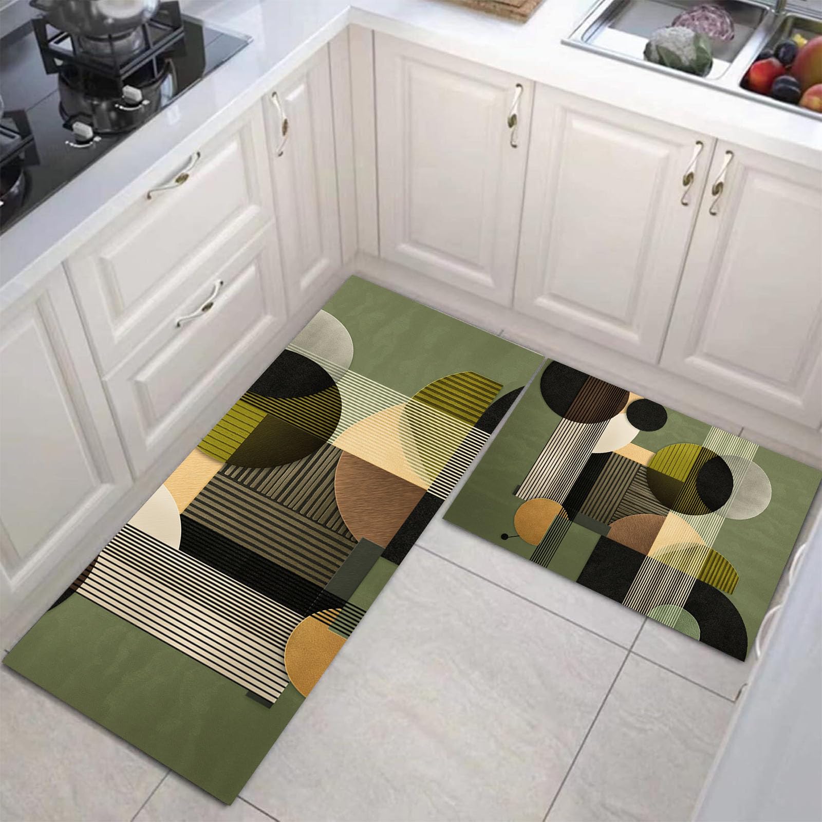 Alfombras de cocina para suelo de pasillo juego de alfombras verdes de rayas retro