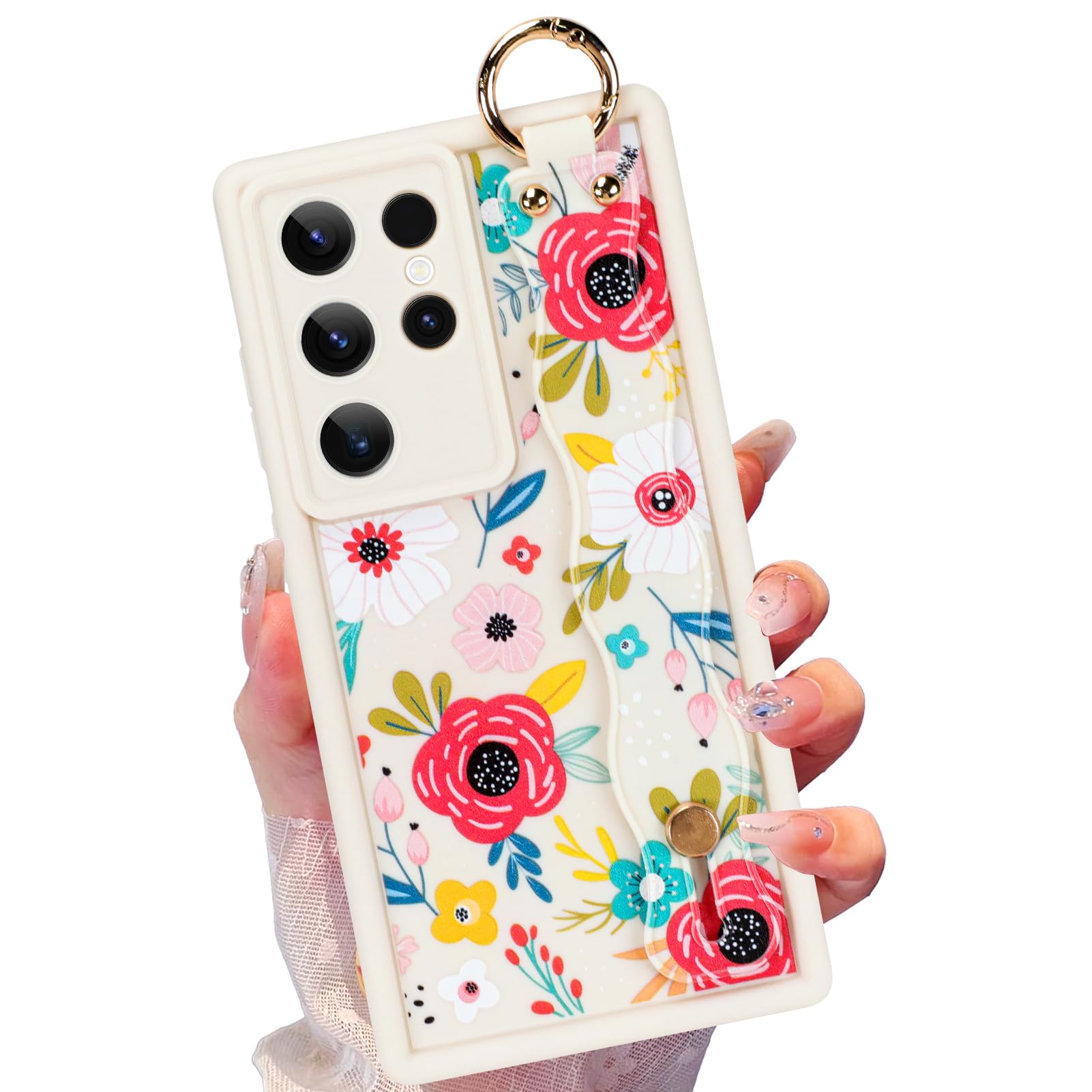 Jefonha Silicone Case for Samsung Galaxy S23 Ultra with Strap, Cute Flower Floral Phone Case for Girl Women, Adjustable Finger Strap Shockproof