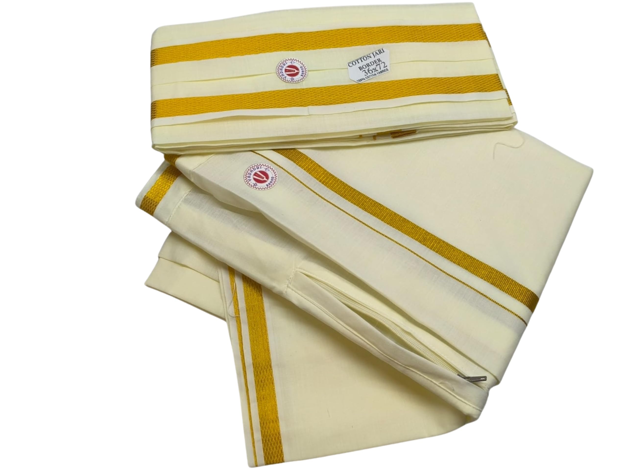 yadadri Shri Bhargavas Cotton Men's Ready-to-Wear Velcro/Adjustable Single-Layer Dhoti with Gold Border and Side Pocket And Anghavastram Cream Colour-picture-33