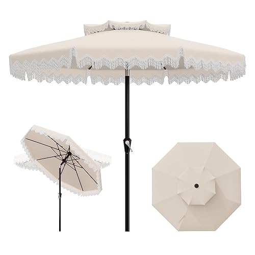AreShark 9FT Patio Umbrella with Fringe, Wind-Resistant Fiberglass 8 Ribs