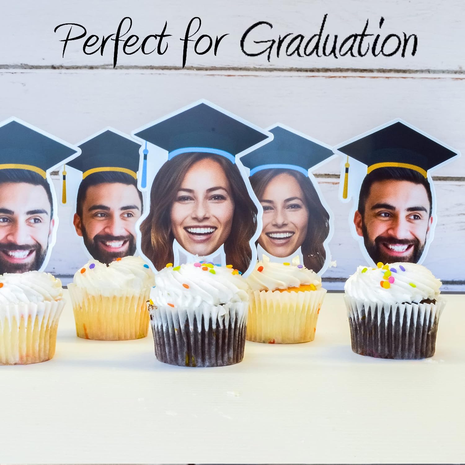 VictoryStore 25 Piece Photo Graduation Cupcake Toppers, Fun Face Treat Toppers with Grad Cap Plastic Dessert Picks Solid Plastic, 1 Photo 2x4 Inches