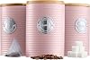 Cooks Professional 3 Piece Ribbed Tea, Coffee, Sugar Cannisters with Air-Tight Bamboo Lids | Stainless Steel Kitchen Storage Bin Set | Modern & Stylish | Pink & Silver