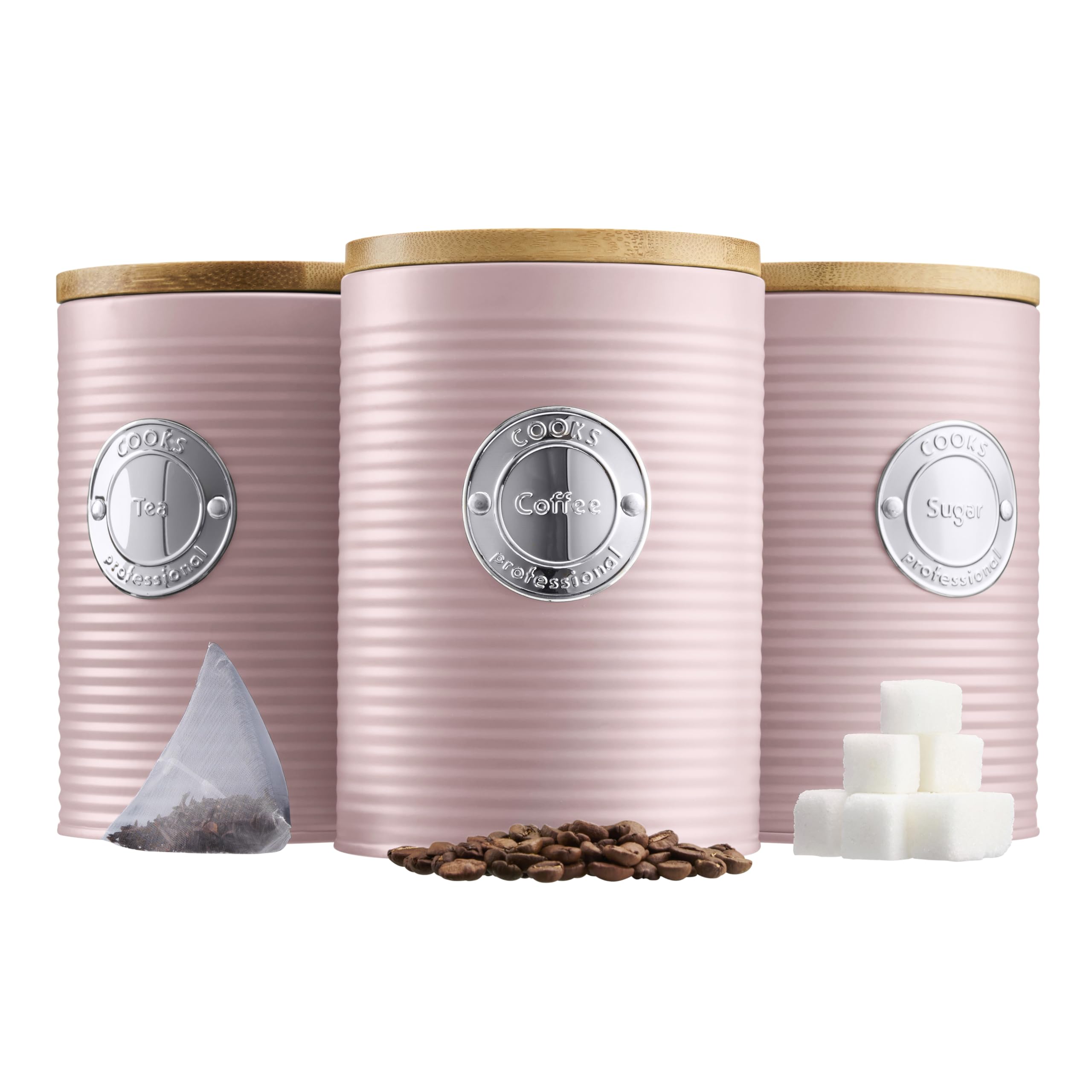Cooks Professional 3 Piece Ribbed Tea, Coffee, & Sugar Cannisters with Air-Tight Bamboo Lids | Stainless Steel Kitchen Storage Bin Set | Modern & Stylish | Pink & Silver โ image 1