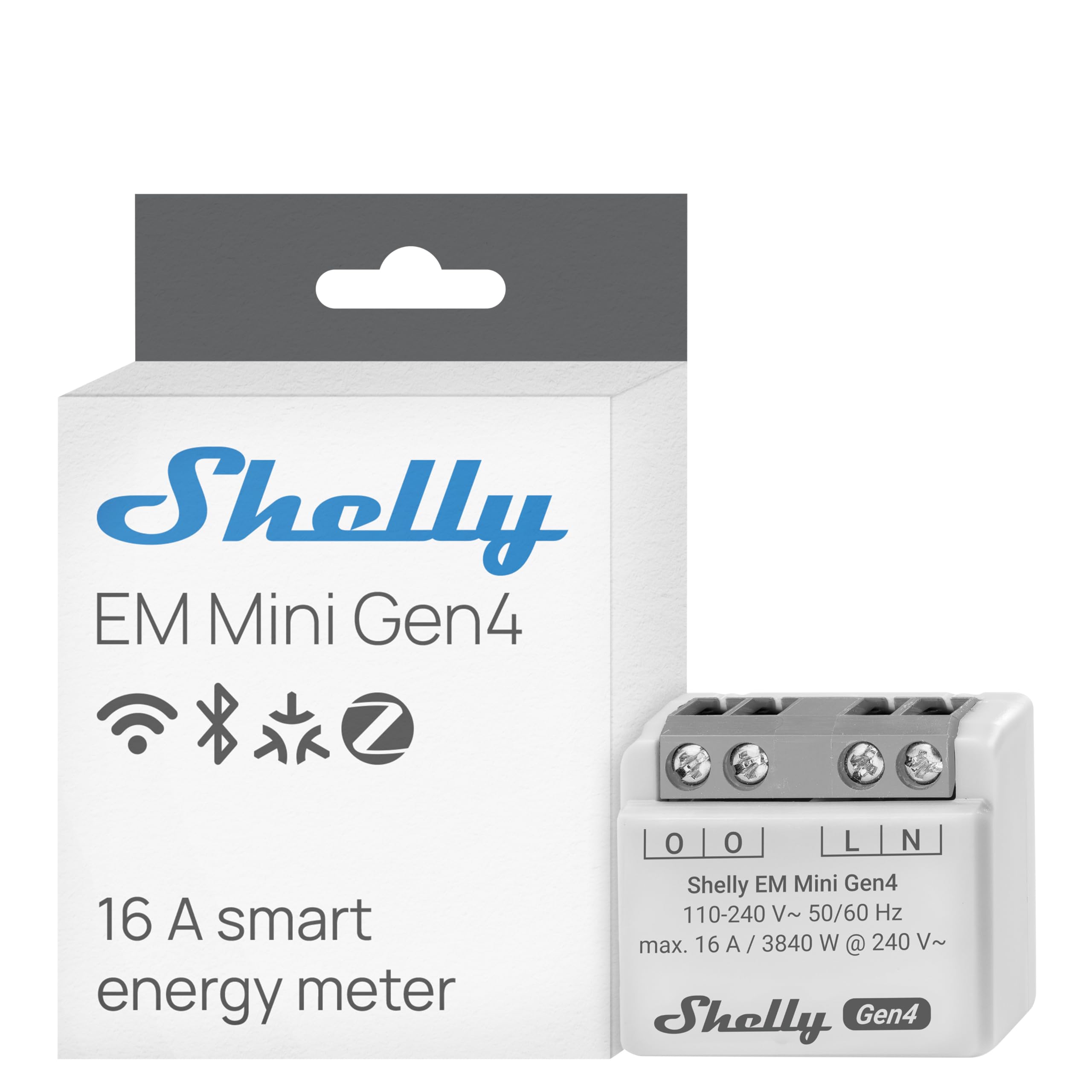 Shelly Shelly ЕM Mini Gen4 - Compteur d'énergie connecté Matter, Wi-Fi, Zigbee, 1 canal - 16A 240 V CA, Mesure de consommation à distance par app, BLE Gateway, Stockage de données, Shelly Chip