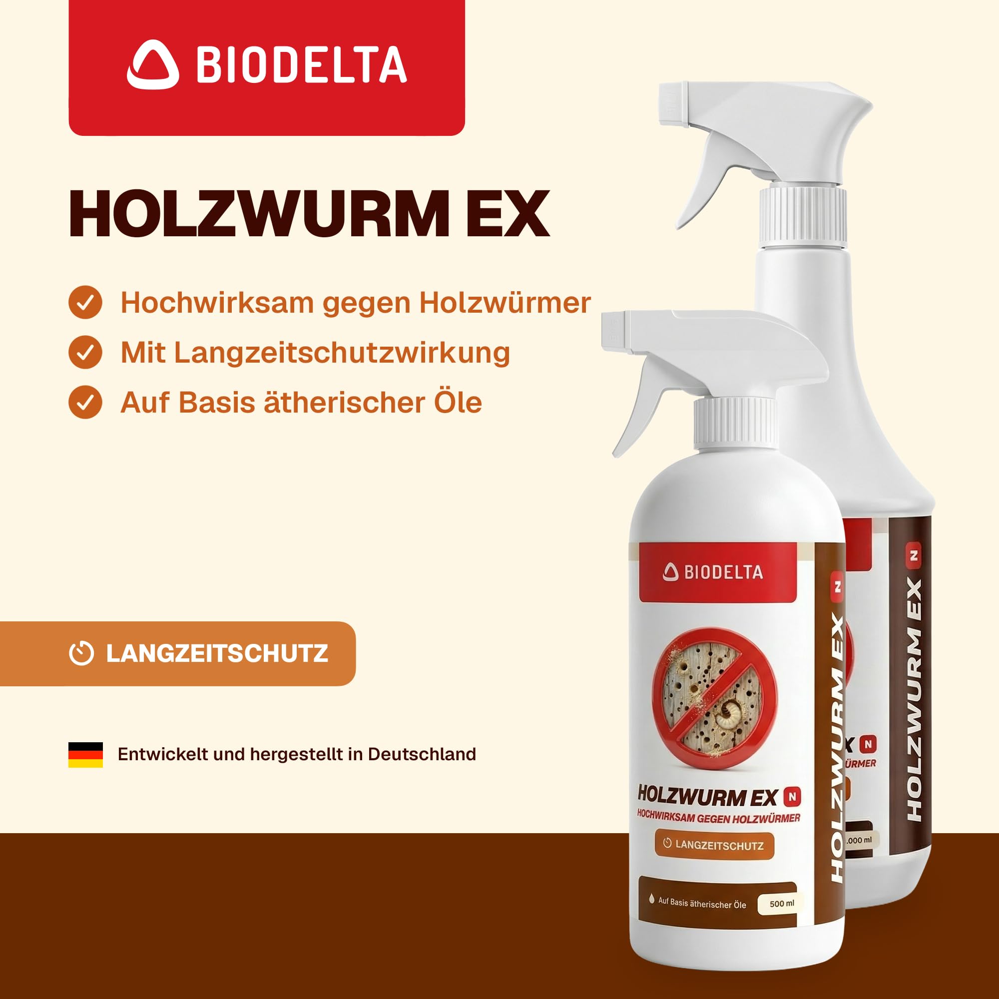 BIODELTA Holzwurmspray 500ml bis 5l – Effektives Holzwurmmittel mit Sofort- & Langzeitschutz – Anti Holzwurm Repellent gegen Holzwürmern in Möbeln & Gebälk – (5l Variante)