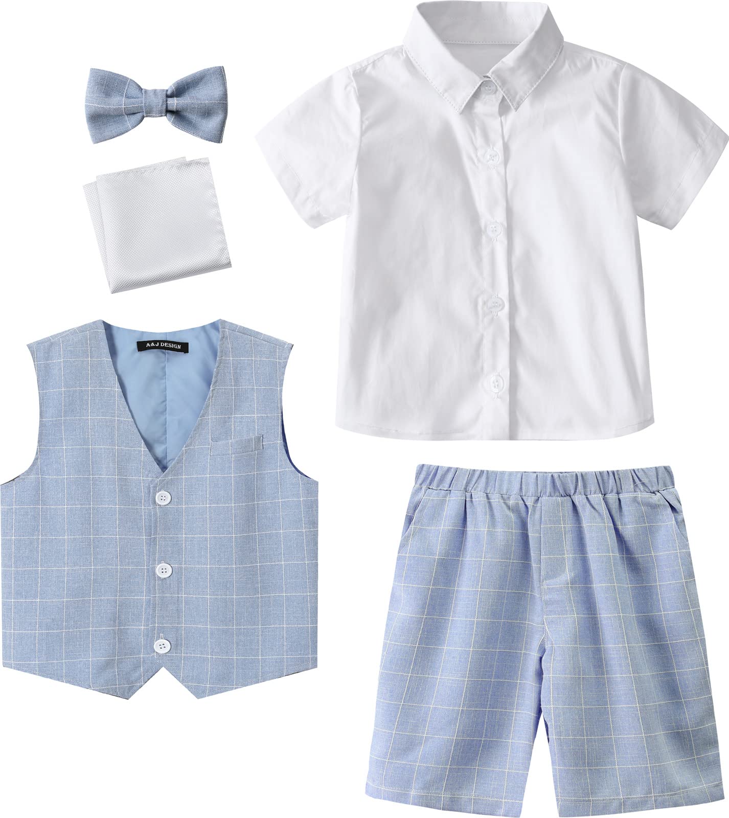mintgreen 3PCS Ragazzo Gentiluomo Vestito Gilet + Camicia + Pantaloni + Papillon + Quadri Taschino 4-11 Anni