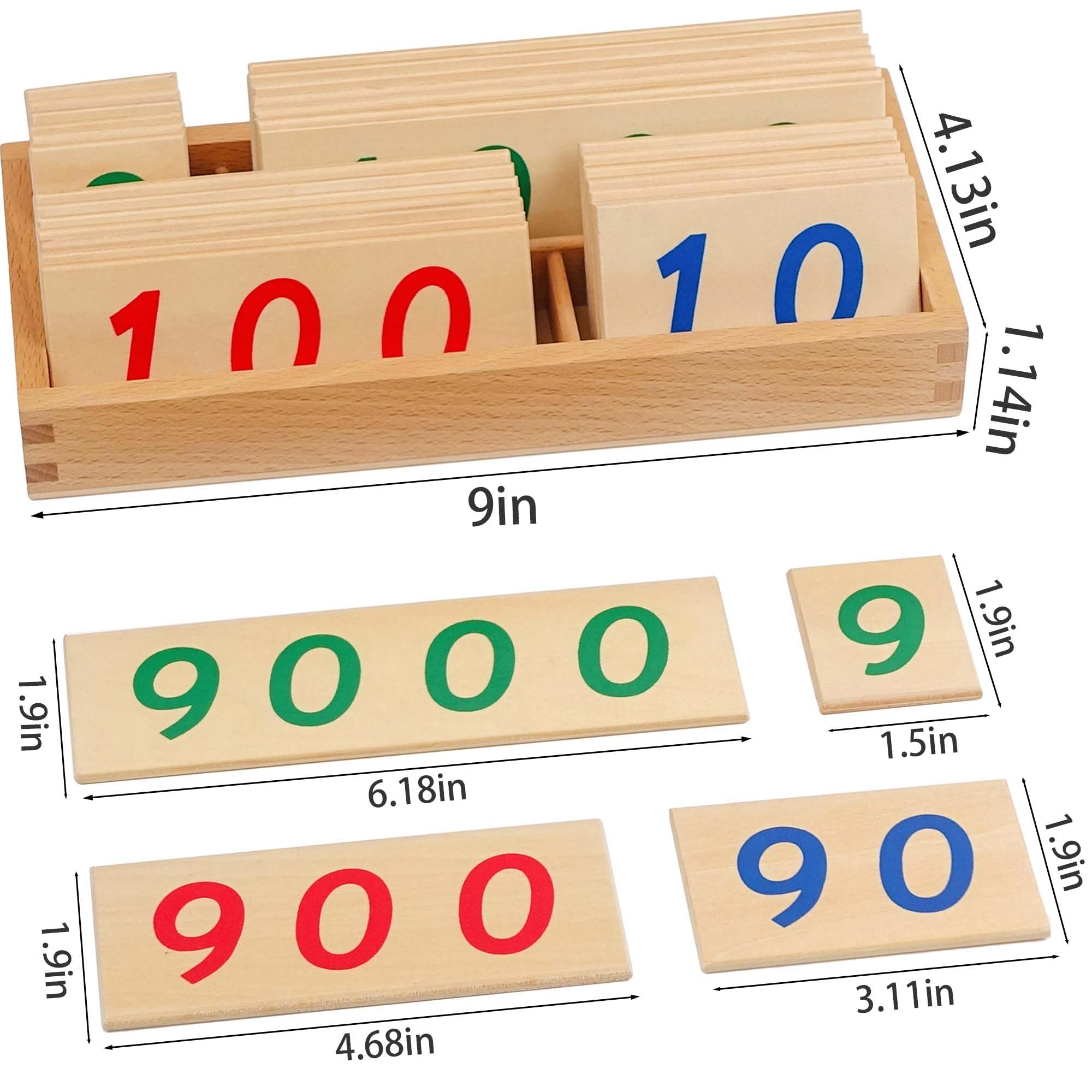 Jeu De Cartes Numériques Montessori en Bois pour L'apprentissage des Opérations Mathématiques, avec Boîte, 1 À 9000. Matériel Montessori, Cadre en Bois De Hêtre, Robuste Et Stable. (3a)