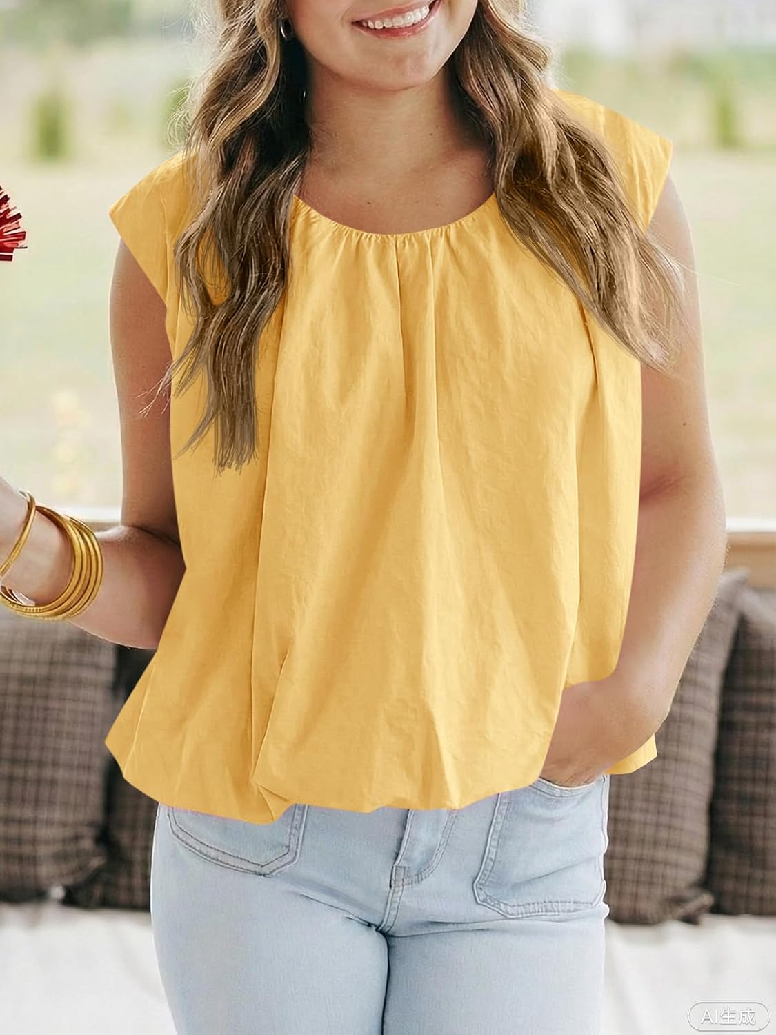 Cicy Bell Womens Summer Cap Sleeve Blouses Casual Pleated Open Back Crew Neck Bubble Tank Tops Bow Tie Cotton Shirts - Image 4