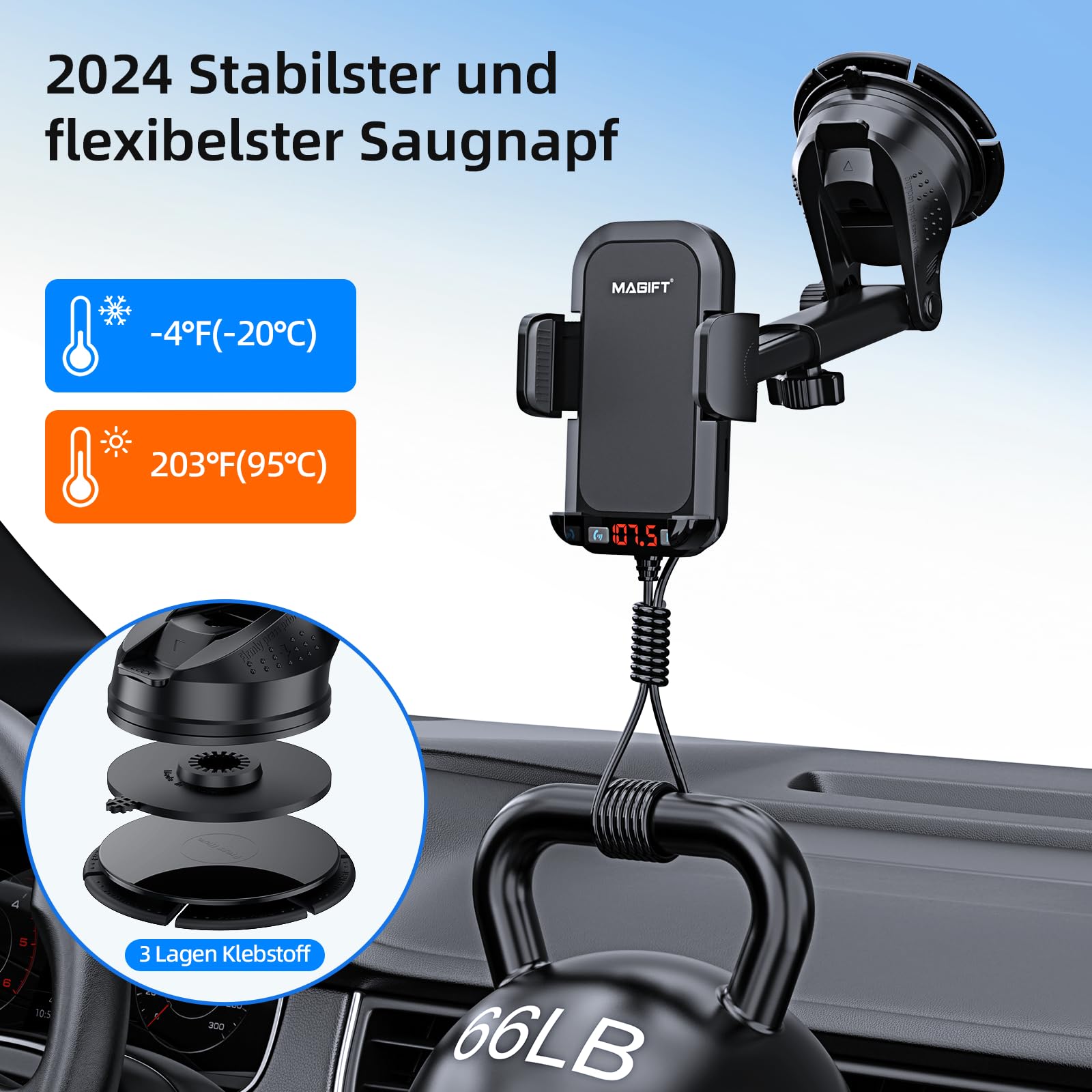 Transmisor FM Bluetooth 5.3 para coche con soporte para teléfono 3 en 1, sonido HiFi Bass, manos libres, 30 W PD y QC 3.0, compatible con tarjeta TF/SD de 64 G AUX USB Flash Drive para iPhone Android