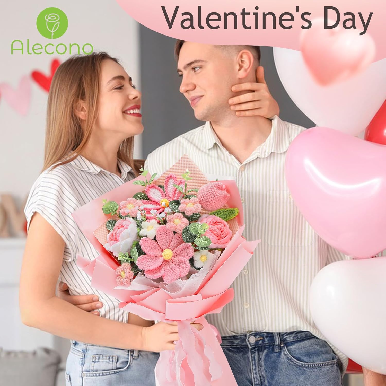 Alecono Crochet Flower Bouquet, Pink Handmade Knitted Flowers, Crochet Tulips Galsang Flower for Valentines Day Lover Anniversary Birthday Mother's Day Graduation Gifts (with Card) - Image 2