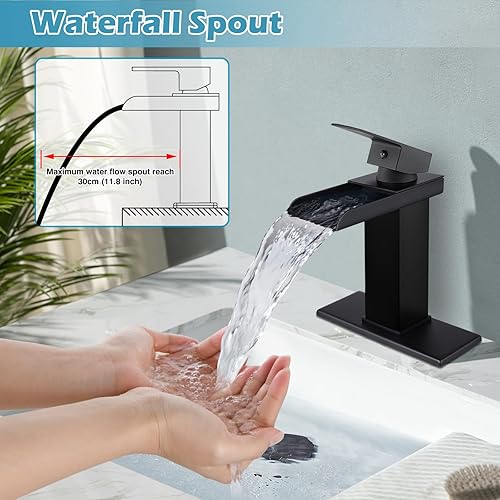 Miniatura 3 de Midanya Grifo de baño de cascada negro mate, 1 agujero, grifo de lavabo de una sola manija, boquilla ancha con drenaje desplegable y placa de