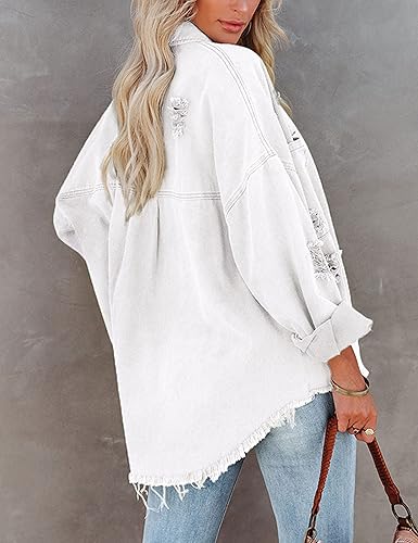 Vista 3 de Lumister Chaqueta de mezclilla casual de gran tamaño para mujer, suave, ligera, desgastada, rasgada, con flecos, de manga larga