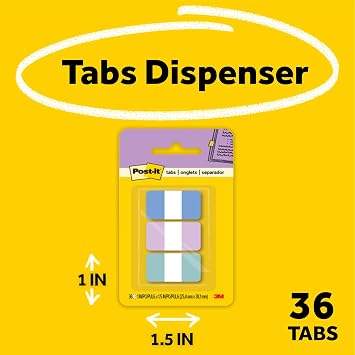Post-it Sticky Tabs, 1 in. x 1.5 in., 3 Pads of Book Tabs in Assorted Cool Pastel Colors for Bookmarking, Annotating, Reading, and Reminders, Blue, Purple, and Green Colors (36 Total Count)