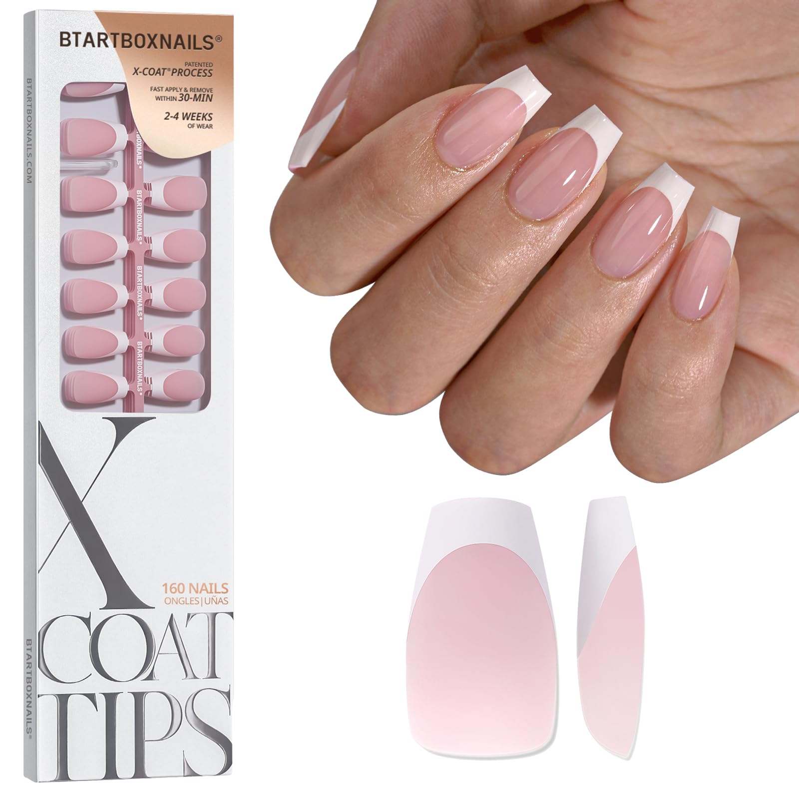 BTArtboxnails White French Tip Press On Nails, Short Coffin Nails, 160Pcs