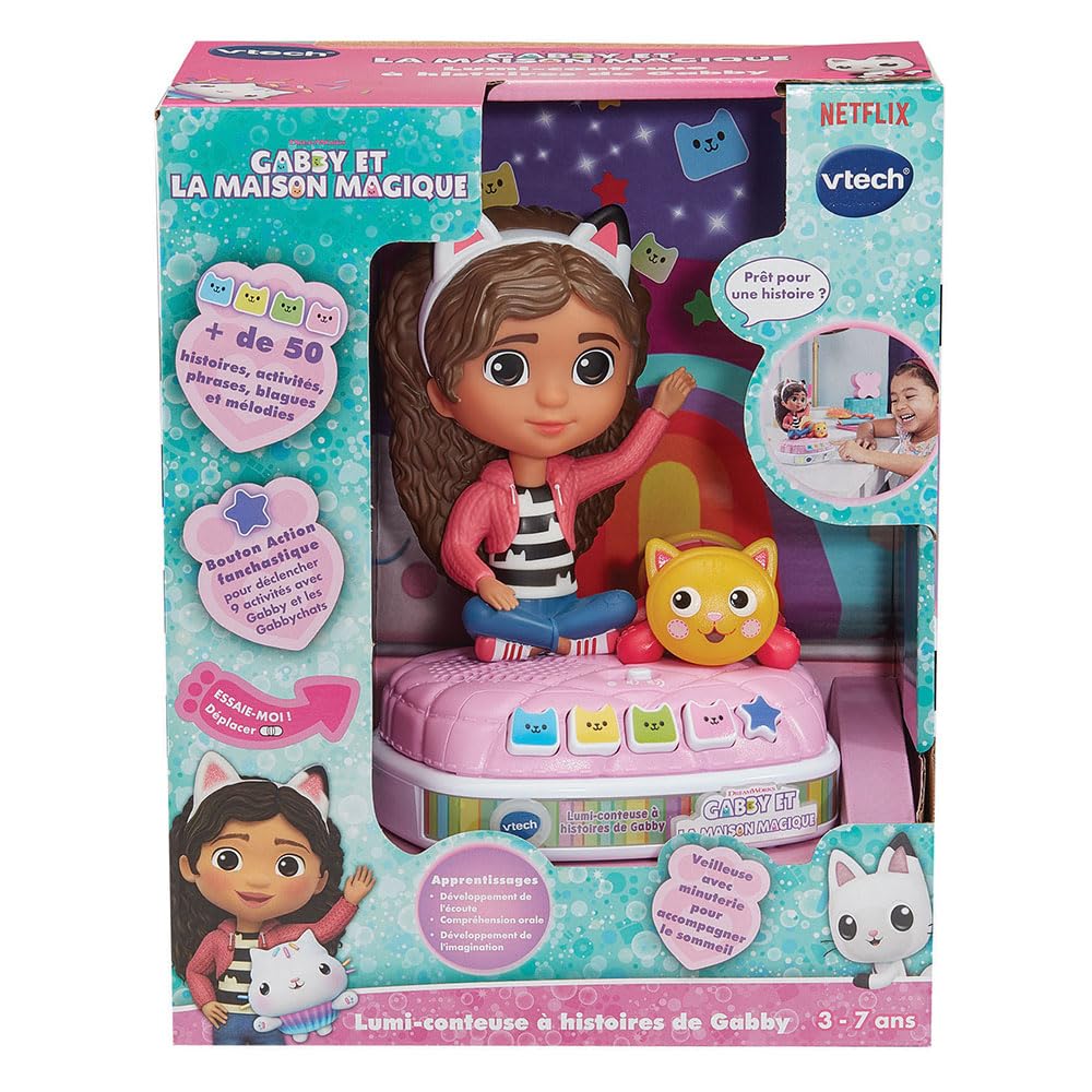 VTech - Gabby et La Maison Magique, Lumi-Conteuse à Histoires de Gabby, Boîte à Histoires Veilleuse, Jouet Interactif et Musical avec 4 Jeux, Cadeau Enfant de 3 Ans à 7 Ans - Contenu en Français