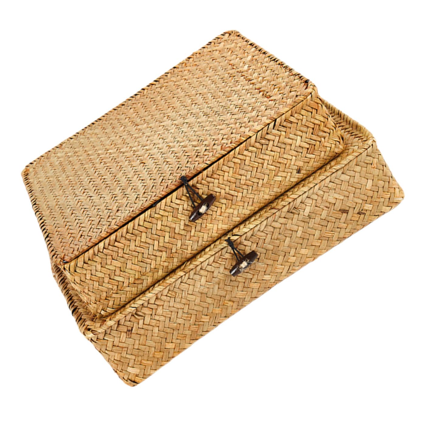 Panier de rangement tissé avec couvercle et bac plat en paille naturelle