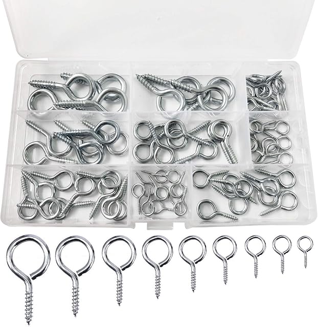 72 PCS Eye Screw Metal Hooks, Eye Bolts Screw-in Hooks, Mixed Size Ring Zinc Plated Eyelet Screw Fasteners, Silver Threaded Eye Pins for DIY Craft Projects Hanging Ornament Items