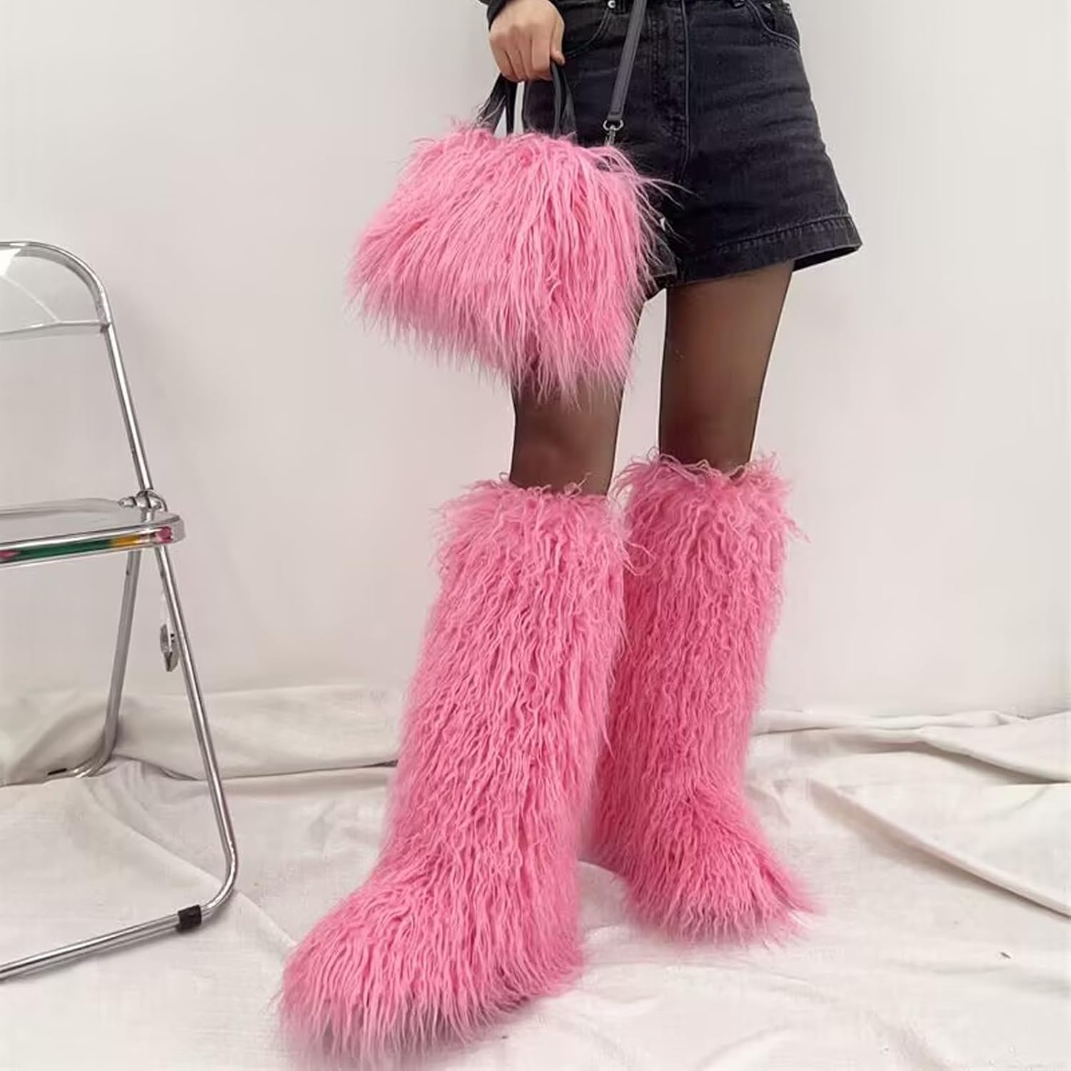 Faux Fur Tall Furry Boots for Womens,Long Winter Boots for Girls,Mongolian Fluffy Boots for Kids Fuzzy Knee-High Boots(LongMongolianPink,8)