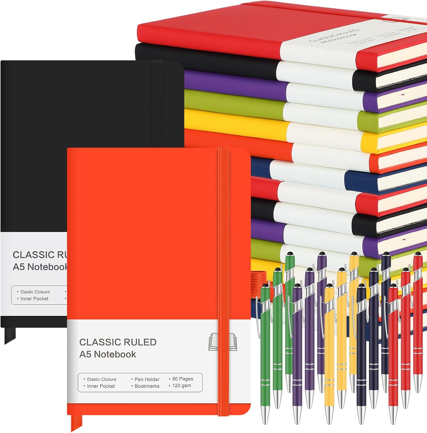 Qeeenar 15 Pack Journal Notebook Bulk A5 Hardcover Notebook Classic Journal Set with Pen Holder with 15 Pcs Pens for School Business Work Travel Writing (Multicolor)