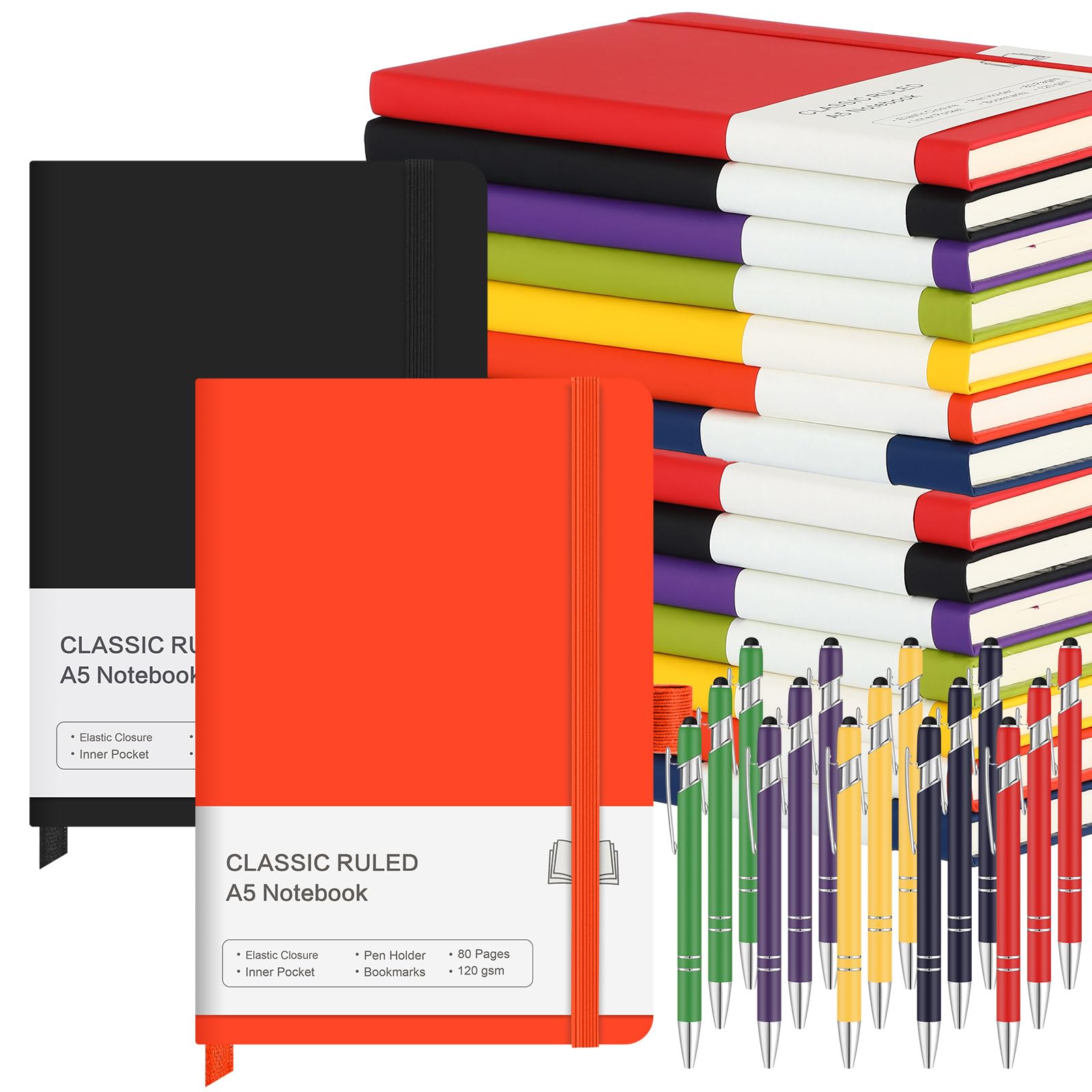 Qeeenar Confezione da 15 quaderni A5 con copertina rigida, set classico con portapenne, con 15 penne, per scuola, lavoro, viaggi, scrittura (multicolore)