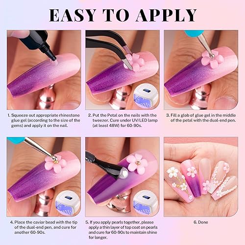 Miniatura 6 de Dijes para uñas 3D, kit de manicura con gel de pegamento de diamantes de imitación para uñas (curado UV), mariposa blanca y rosa, gemas AB