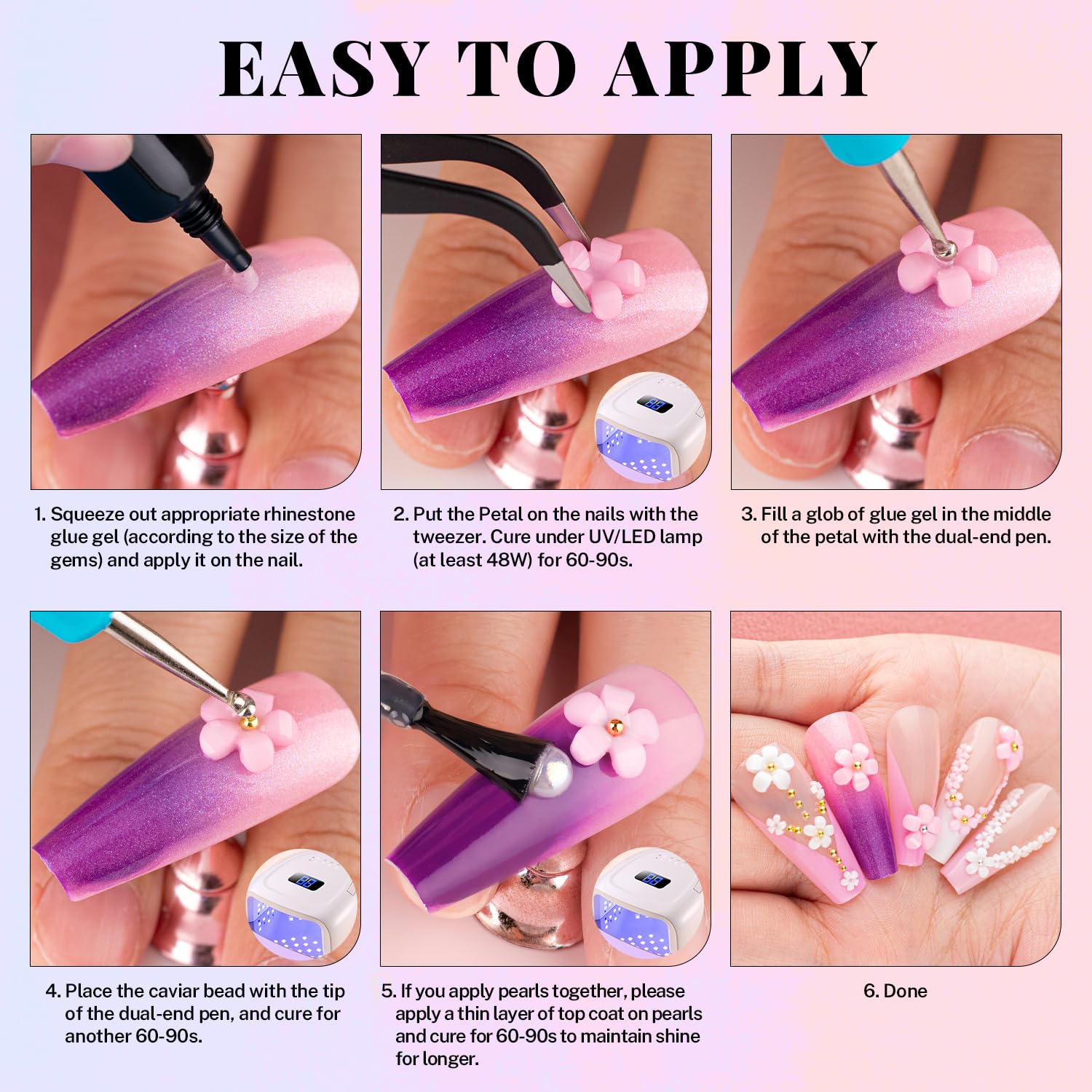 Dijes y gemas de flores 3D, bonito kit de manicura con dijes florales coloridos con pegamento de diamantes de imitación para uñas (curado UV), cuentas de caviar de mariposa, perla semicircular y parte 6