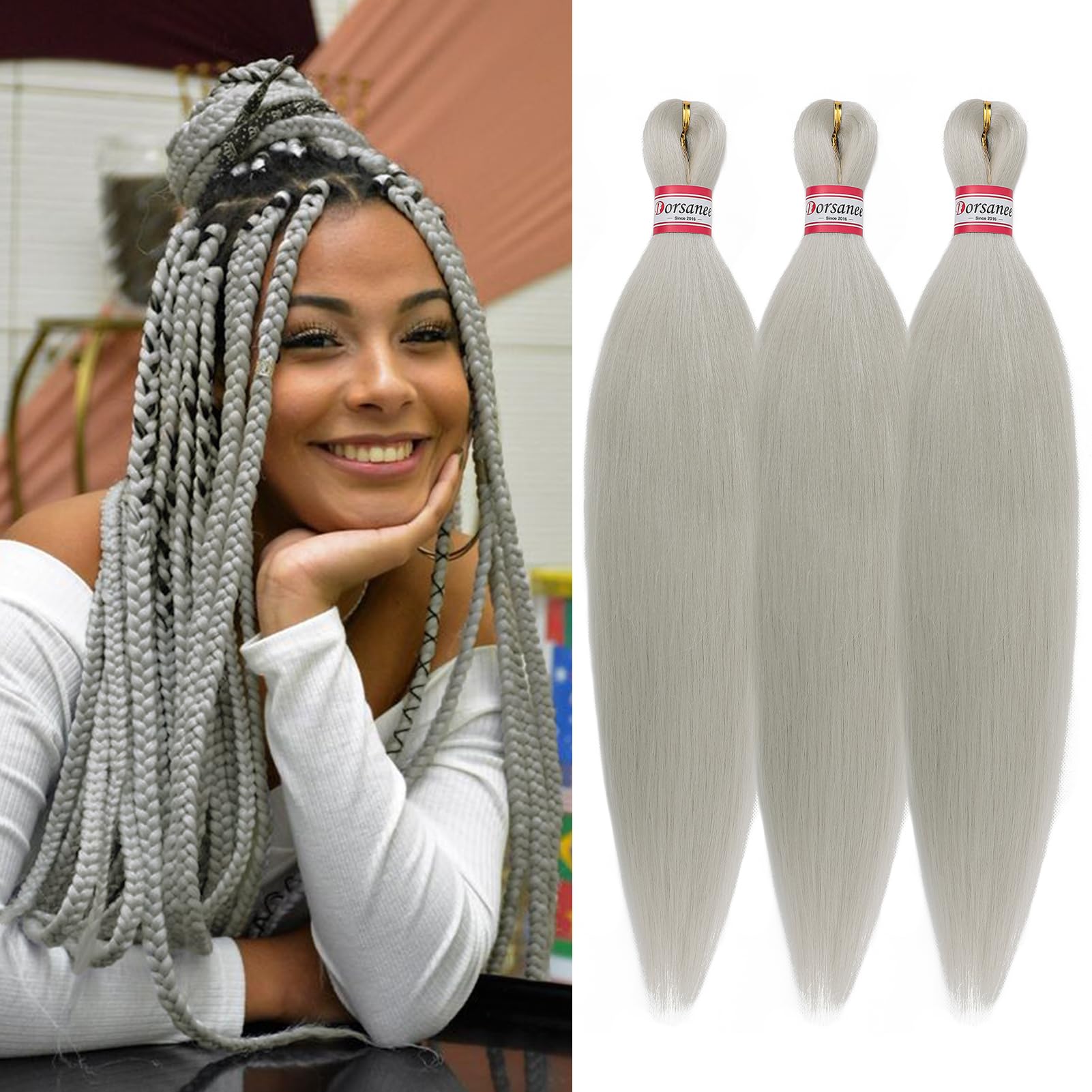 Dorsanee Grey Braiding Hair Pre Stretched 20 Inch 3 Packs Professional Easy Braiding Hair for Crochet Braids Twists Locs Hair Soft Yaki Texture Hot