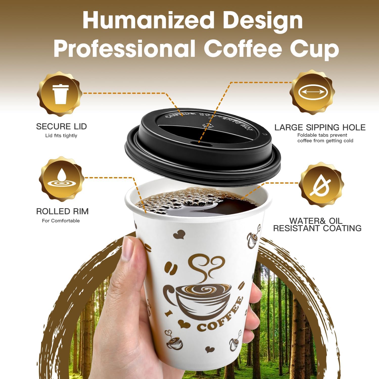 Ginkgo Disposable Coffee Cups with Lids 12 oz 100 Pack, To Go Paper Coffee Cup for Hot CoCoa, Hot Chocolate, Coffee Bar - Image 2