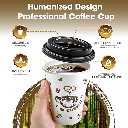 Miniatura 8 de Ginkgo Paquete de 100 tazas de café de papel desechables con tapas, de 16 onzas, tazas calientes para llevar para coco caliente, chocolate y bebidas