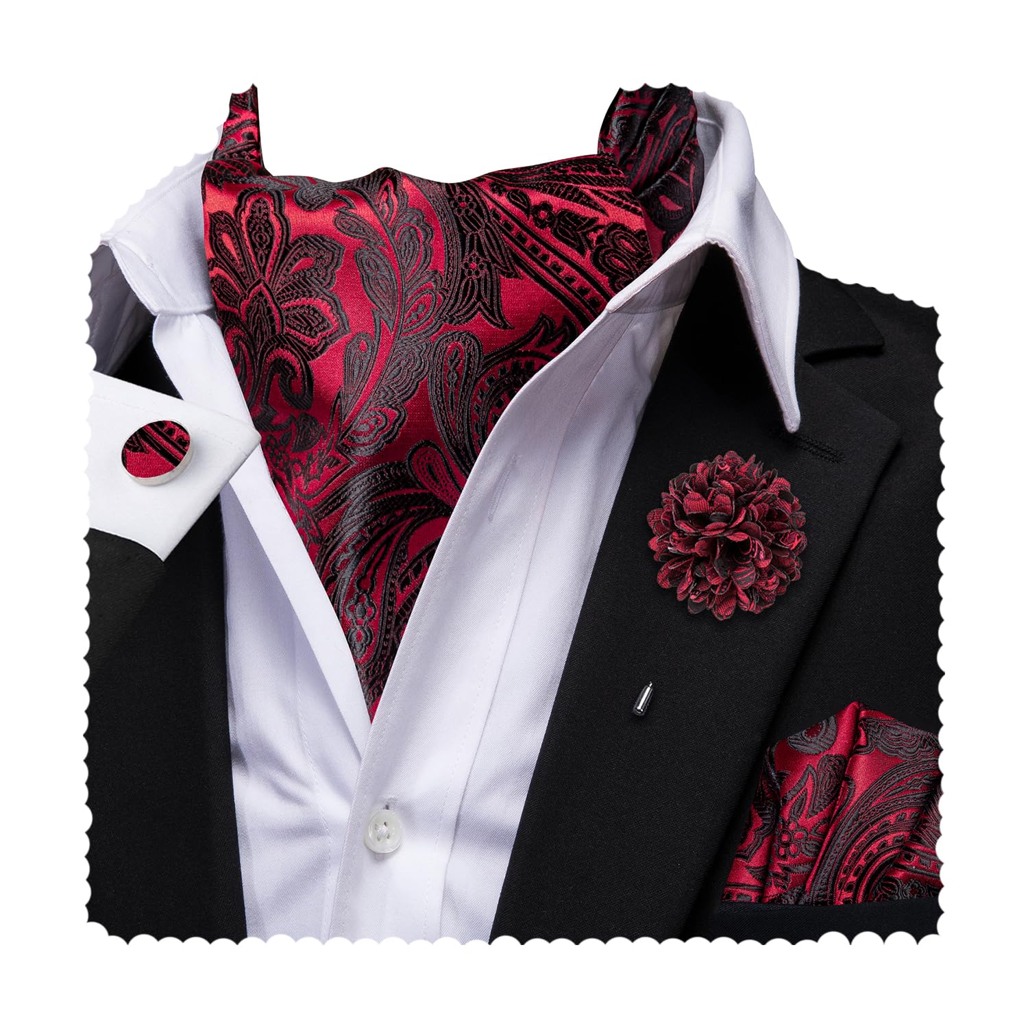 Hi-Tie Silk Ascot for Men Self Tie Men's Cravat and Flower Lapel Pin Handkerchief Cufflinks Set for Wedding Party