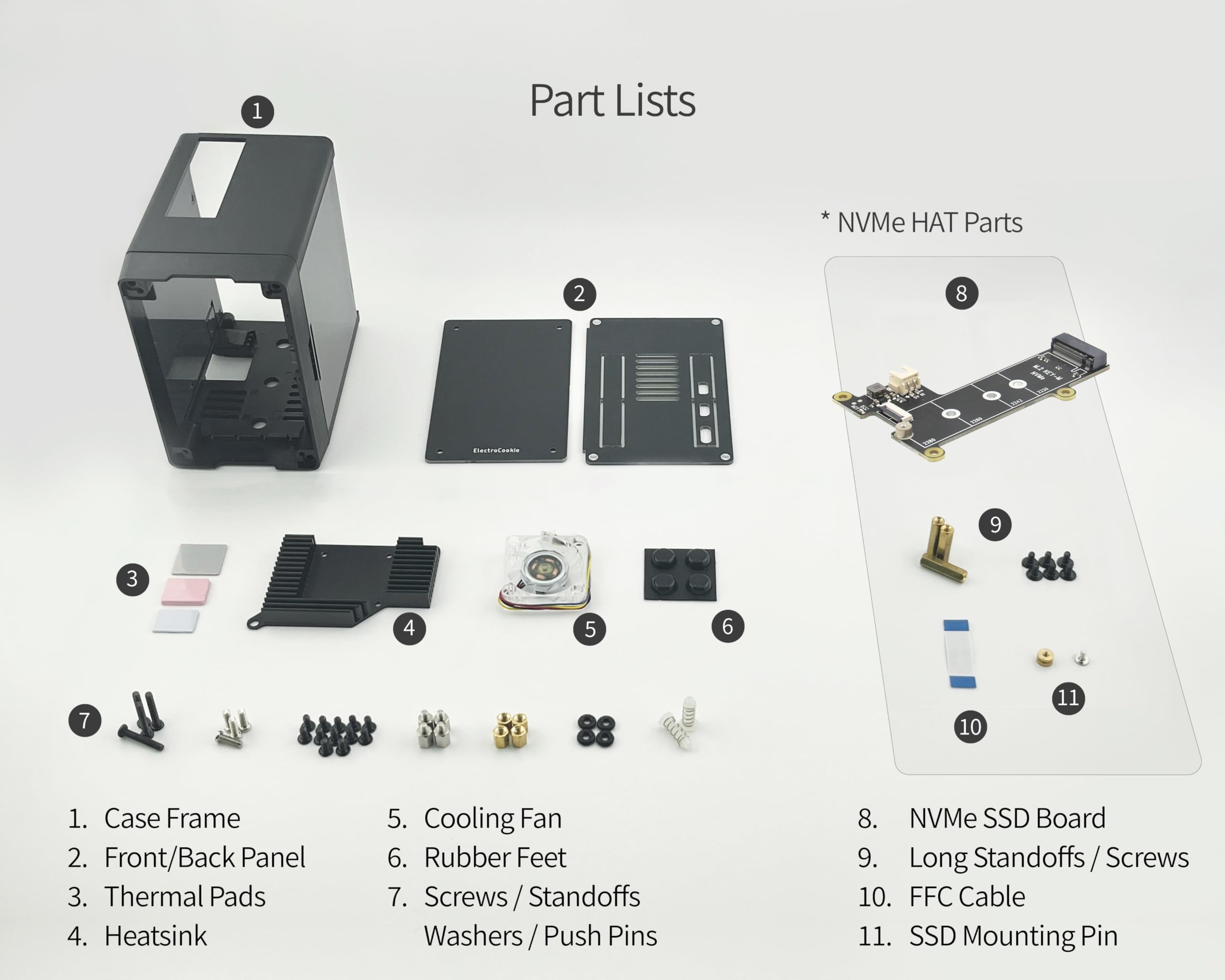 Caja Mini PC ElectroCookie para Raspberry Pi 5 con M.2 NVMe SSD PCIe HAT y Enfriador RGB Activo (Caja Negra + M.2 HAT[X1001])