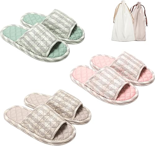 Miniatura 7 de 3 pares de pantuflas de algodón floral para mujer, con puntera abierta, cómodas, lavables, portátiles, plegables, para invitados, viajes, hotel,