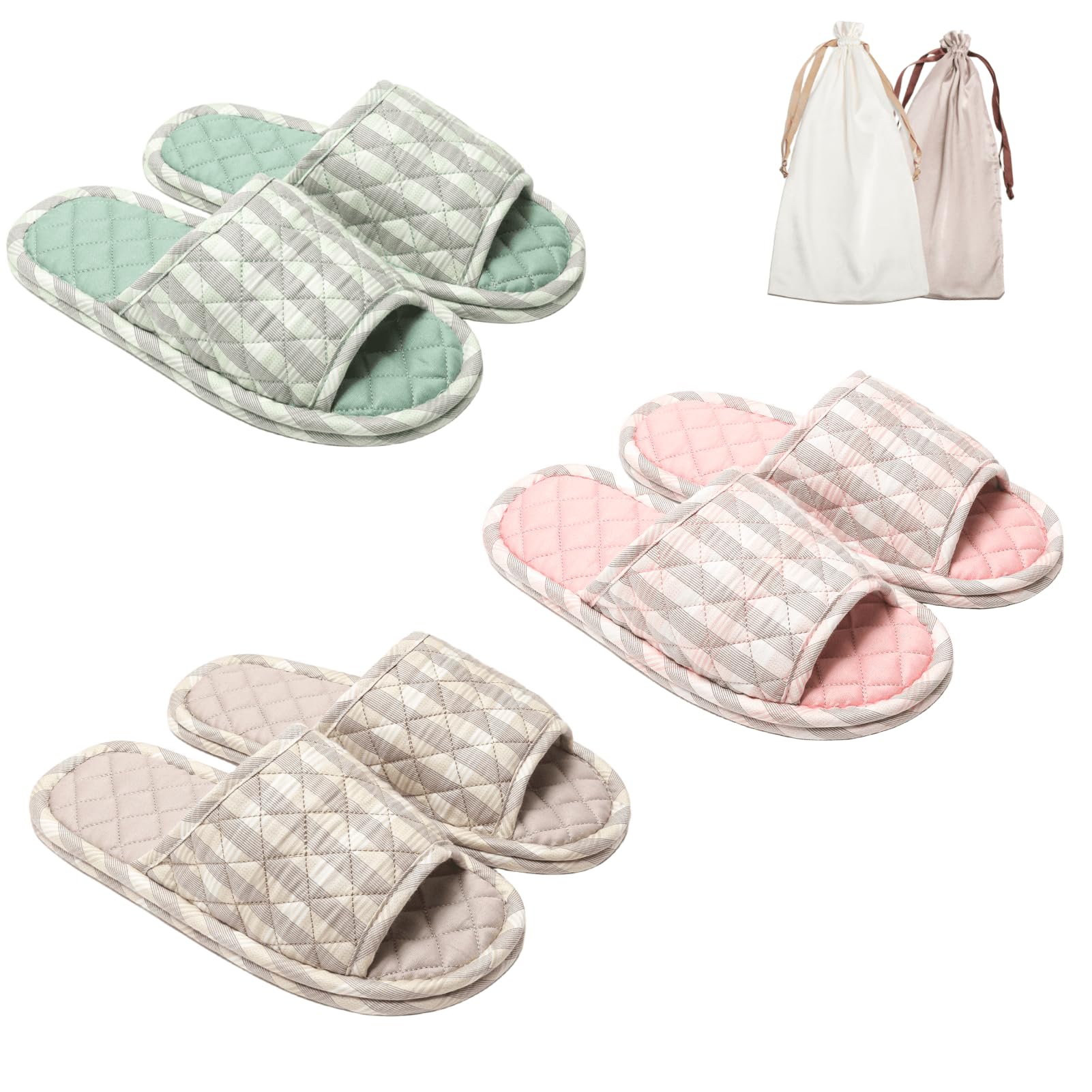 3 Pairs Floral Cotton House Slippers for Women Open Toe Indoor Slippers Comfortable Washable Portable Foldable Guest Travel