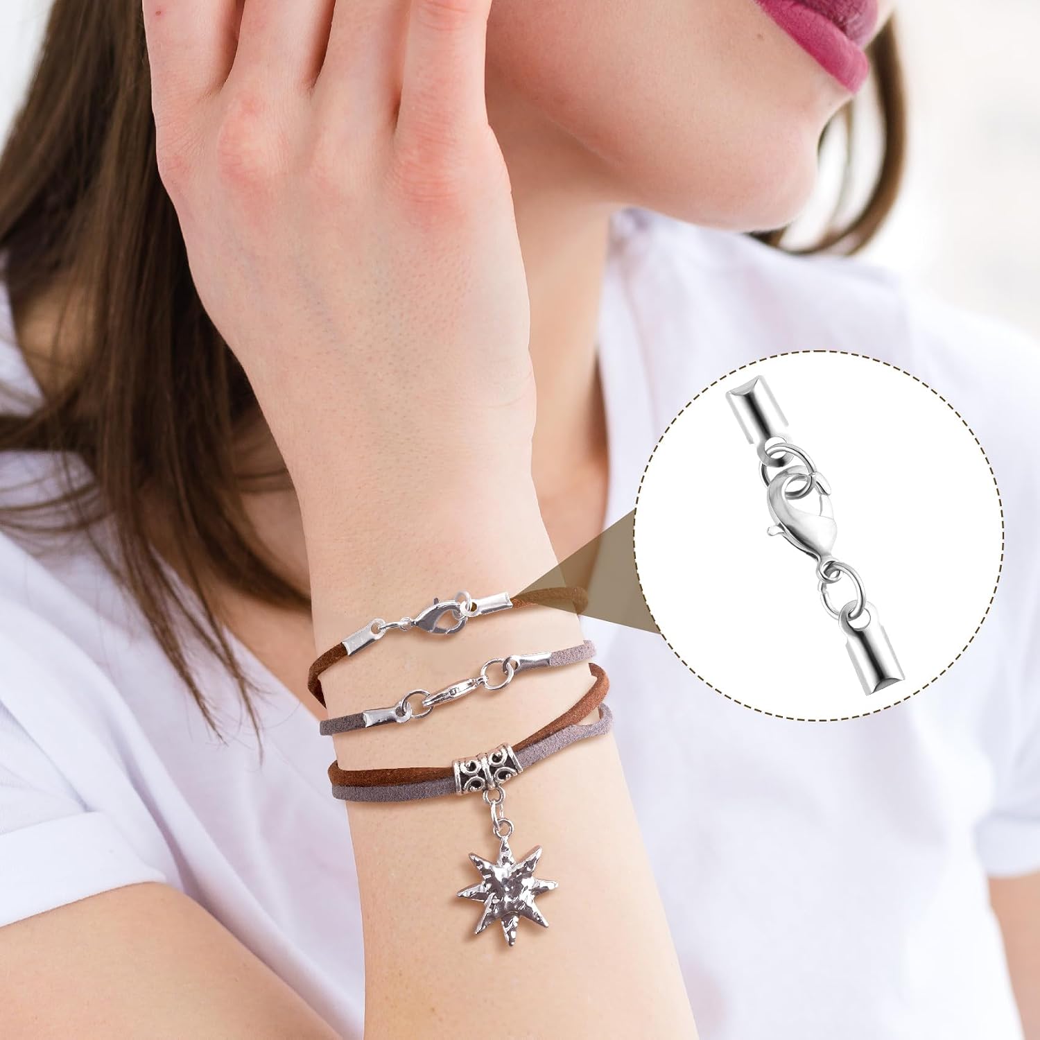OIIKI 6pcs Cord End Caps with Lobster Clasp, 4mm Leather Cord Ends Jewelry Clasps, Brass Barrel Terminators Leather Jewelry Connector for DIY Necklaces Bracelets Keychains- Silver