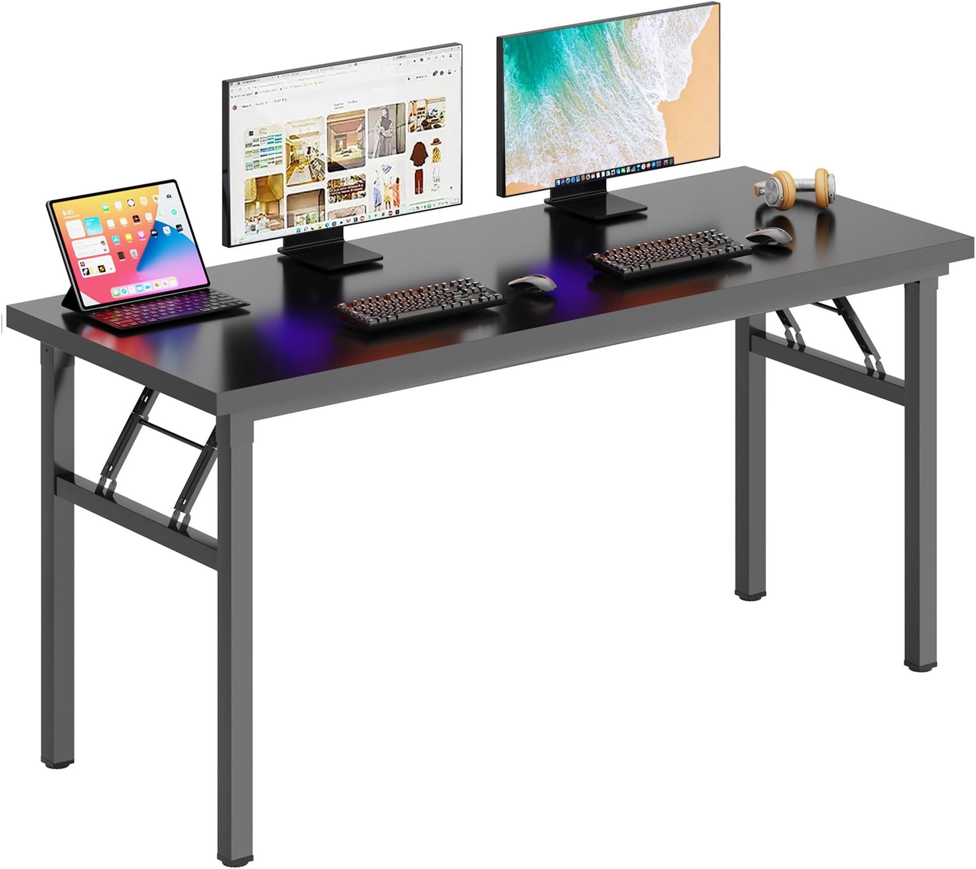 DlandHome Computer Desk 62 inches Office Desk Computer Table Study Writing Desk Workstation for Home Office Metal Frame Black and Black