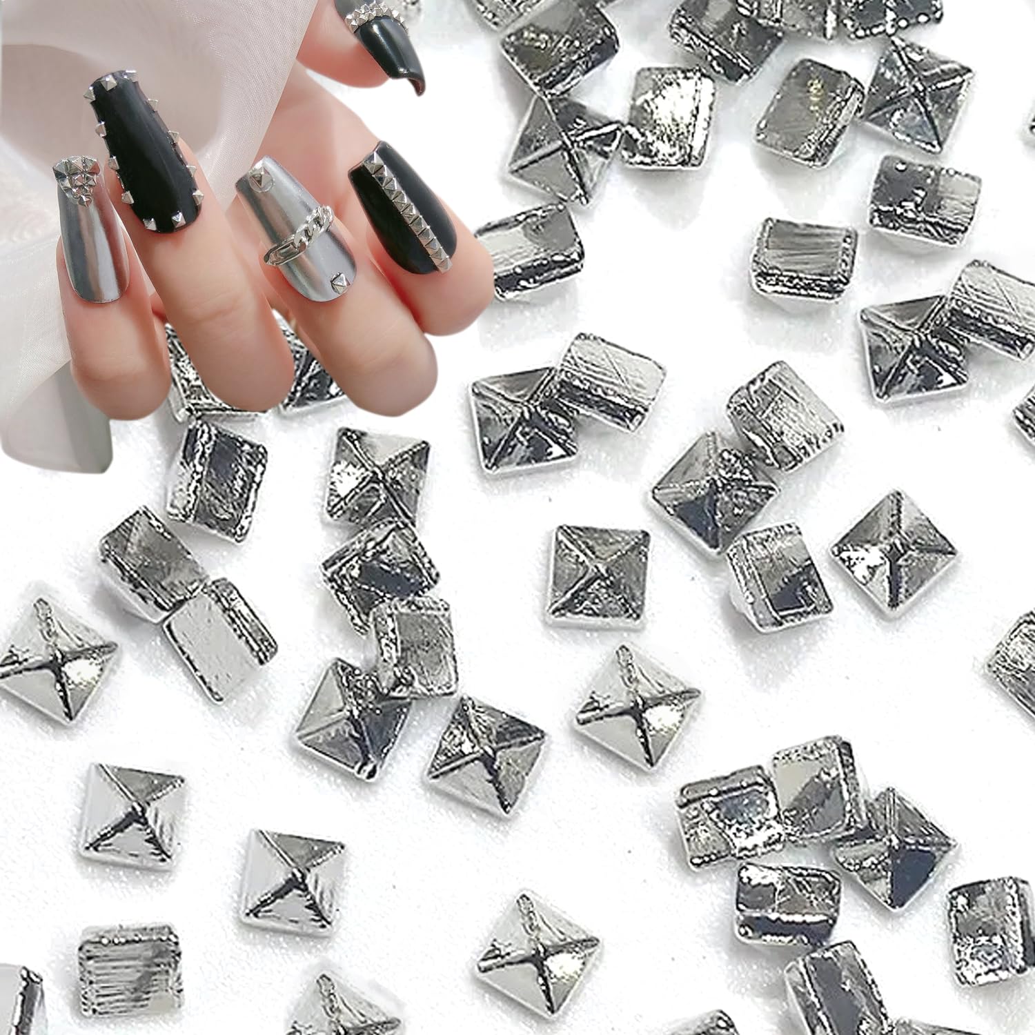 600pcs Silver Square Spire Nail Charms Alloy Mini Metal Rivet Nail Charms for Acrylic Nails Flat Base Punk Style Square Spire Nail Studs Spike Nail Rivets for Women Nail Art（3 Sizes）