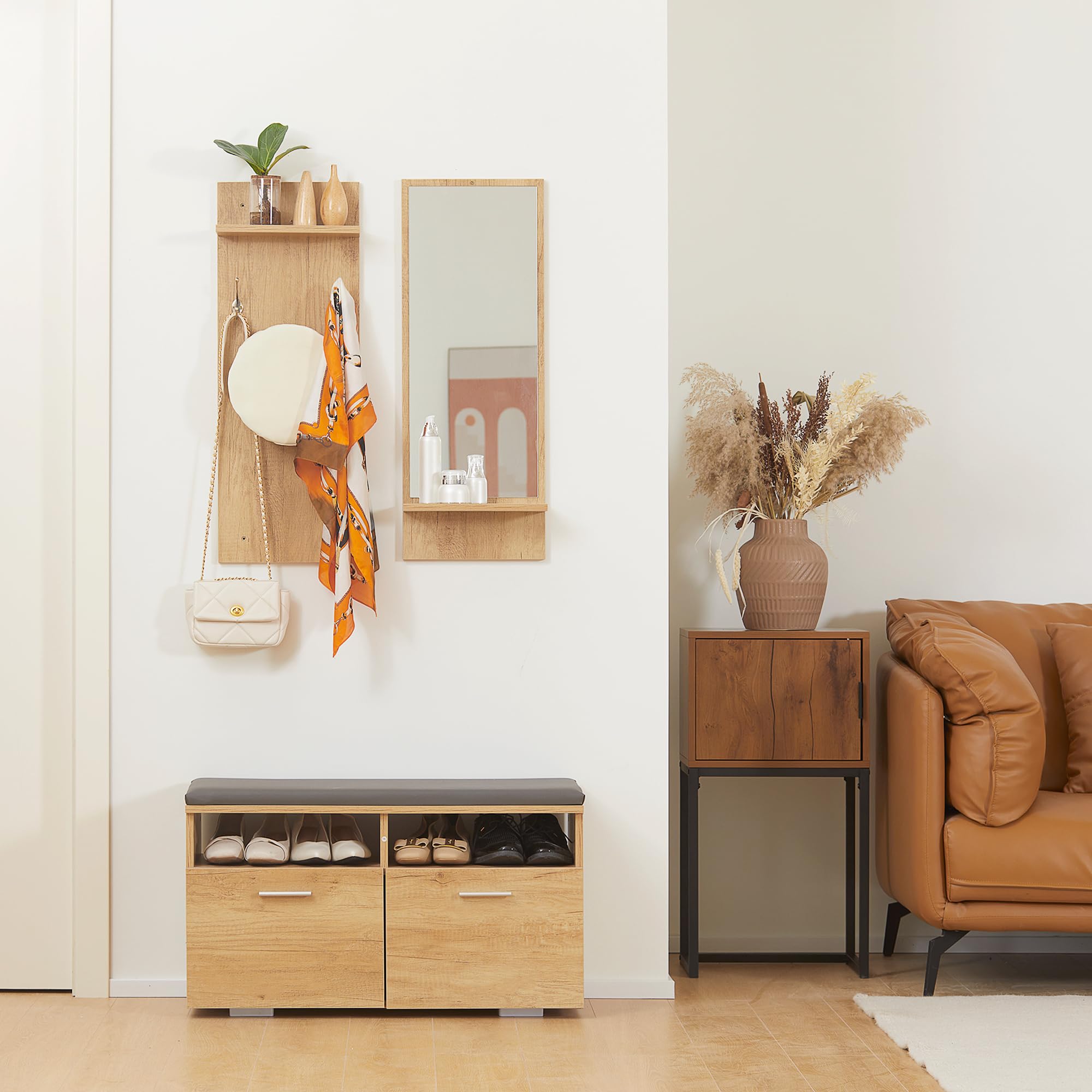 HOMCOM Ensemble de Meuble d'entrée vestiaire d'entrée 3 en 1 | 1 Porte-Manteau avec Étagère, 1 Miroir avec Étagère, 1 Banc à Chaussures avec Coussin en Polyuréthane
