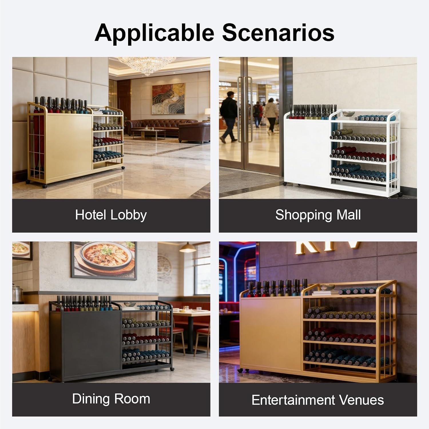 Rolling Umbrella Holder for Entryway, Metal Umbrella Stand Shelf with Wheels, Commercial, Entryway Umbrella Basket for Hotel Lobby, Office, Mall(White,100cm/39.4in)