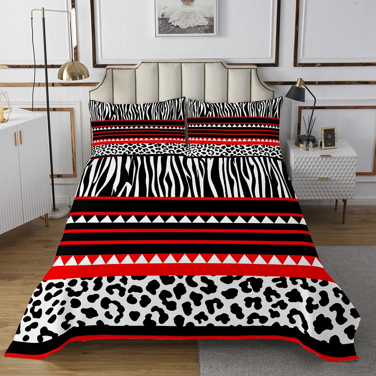 jejeloiu Boys Girls Red Geometric Stripes Quilted Coverlet Twin Size, Geometry Coverlet Set Stripe Line Bedspread Kids Teens Bedroom Decor 2Pcs
