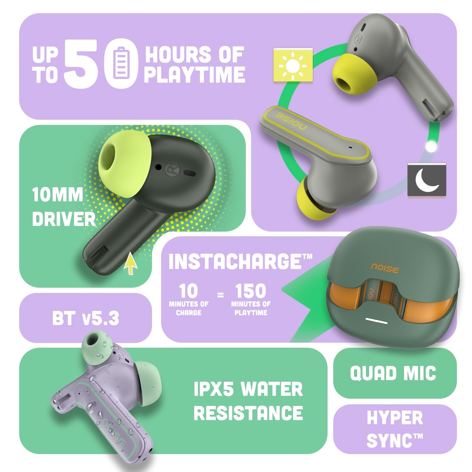Noise Pop Buds Truly Wireless Earbuds with 50H of Playtime, Quad Mic with ENC, Instacharge(10 Min=150 Min) Bluetooth V5.3(Moon Pop) True Wireless — Amazon image 2