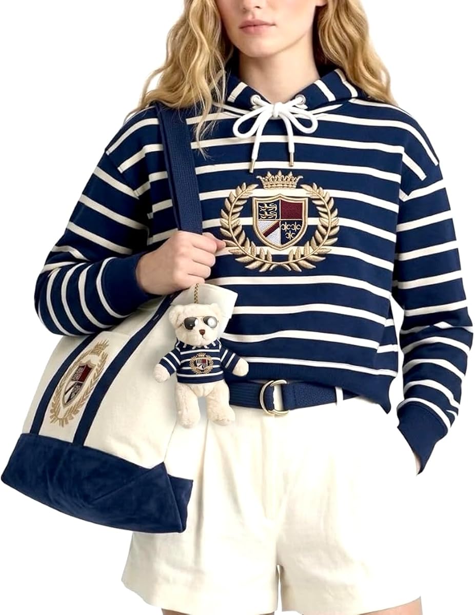 Set de regalo de 4 piezas a juego: jersey suelto recortado de algodón, bolso de lona, ​​collar chapado en 18 quilates, conjunto con dije para bolso de muñeca (sin muñeca)