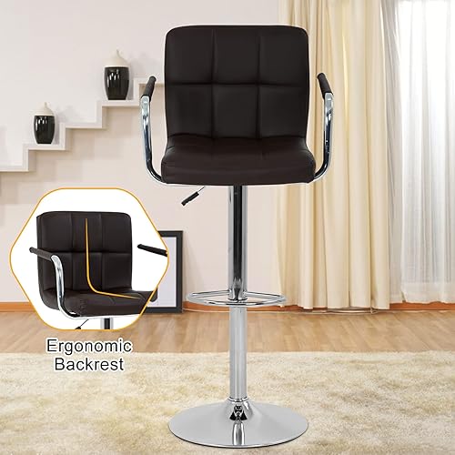 Miniatura 6 de Juego de 2 sillas de bar negras con brazos, taburetes giratorios de 360 grados de altura de mostrador ajustable con