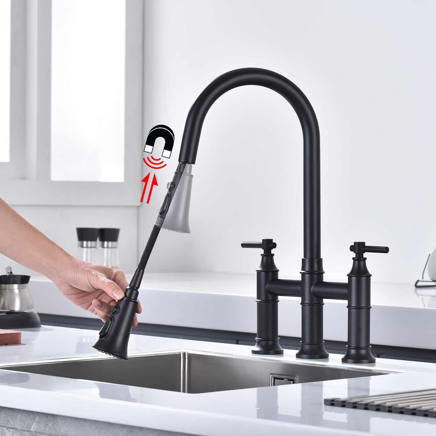 SUMERAIN Bridge Kitchen Faucet with Pull Down Sprayer Matte Black 3 Hole 2 Handle Kitchen Sink Faucet Stainless Steel