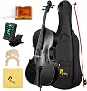 Poseidon 1/2 Size Student Cello, Acoustic Cello Premium Ebony Fitted Cello, Instrument with Soft Carring Case, Bow, Bridge, Rosin, Clip on Tuner - Sparkling Black
